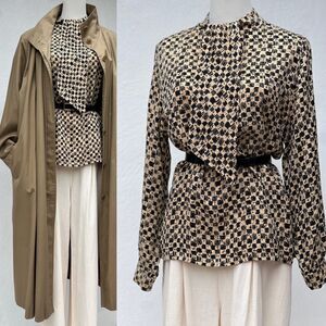 Vintage Carlisle 100% Silk Size 14 Scribble Check Pattern Blouse with Neck Sash
